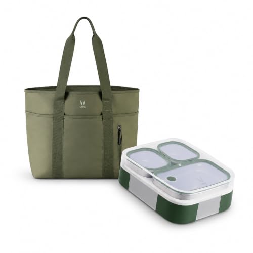 Image of VAYA Tydbyt Lunch Box with Essential Tote Bag Combo, 3 Stainless Steel Containers, Slim Travel-Friendly Tiffin Box for Office & School, Lightweight Polyester with Detachable Pouch, Green