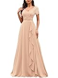 Miusol Women's Classy V-Neck Ruffle Floral Lace Hem Trim Sequined Maxi Bridesmaid Dress (Large, Champagne)