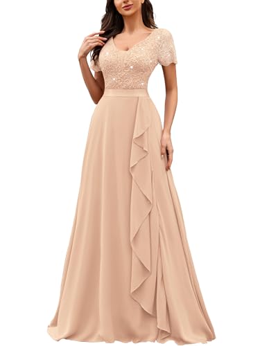 Miusol Women's Classy V-Neck Ruffle Floral Lace Hem Trim Sequined Maxi Bridesmaid Dress