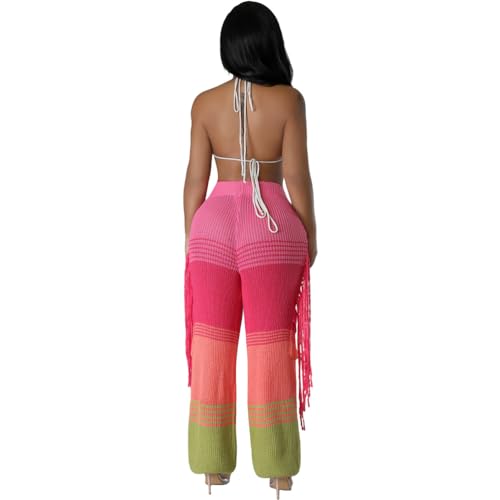 Womens Fashion High Waist Knitted Crochet Hollow Hit Color Tassel Pants Trousers Pink3