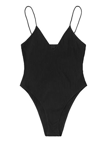 Verdusa Women's Spaghetti Strap V Neck Ribbed Knit Bodycon Leotard Bodysuit Black M