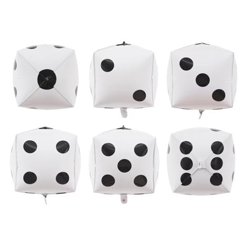 Finypa Grandi palloncini a forma di dado, 30,5 cm, decorazioni per feste, dadi gonfiabili 4D in alluminio Mylar per serate di gioco a Las Vegas, compleanno, laurea, ballo di fine anno (bianco, 6
