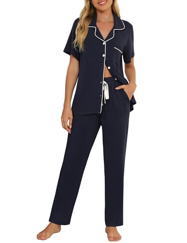 Image of Senert Womens 2 Piece Pajamas Set Button Down Top and Pants Soft Sleepwear | Short Sleeve Lounge Sets with Pockets, Maternity / Nursing /Postpartum Pjs Set, Bride Pjs Set for All Seasons