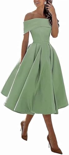 Image of Knee-Length Satin Off Shoulder Homecoming Dress Short Prom Cocktail Party Dress for Junior