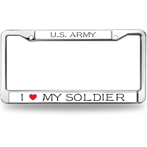 Image of I Love My Soldier License Plate Frame, Stainless Steel Metal Tag Holder | Show support for your active service member with this durable metal license frame, built weather-resistant to last.