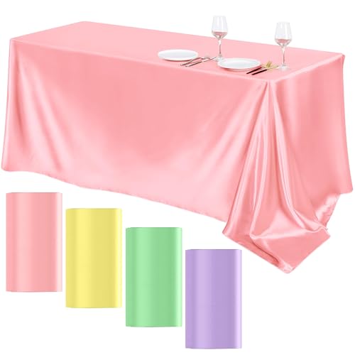 Image of TURSTIN 4 Packs Pastel Rainbow Satin Tablecloth 102 x 58 Inch Overlay Satin Table Cover Rectangle Bright Silk Tablecloth Smooth Fabric Table Decoration for Wedding Banquet Party Events