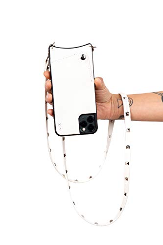 Aux Funda iPhone iPhone 11 con Cinta para Colgar | Cuero Vegano | Bolsillo Trasero para Tarjetas | Cinta con Tachuelas Plateadas a Juego para Colgar | Talla: iPhone 11, Blanco