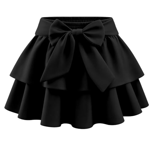 Hvididan Girls Bow Mini Skirts Kids Elastic High Waisted Ruffle Tiered Skirt Party Dance Layered Skort for Teen Black 7-8 Years
