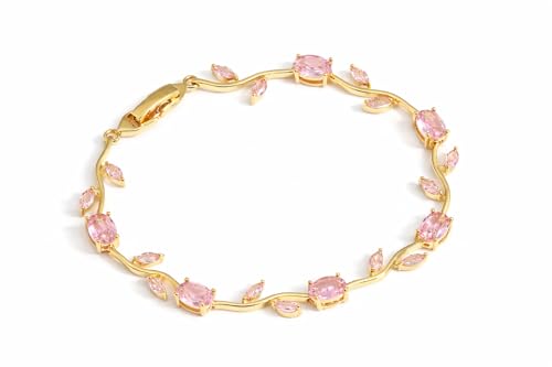 Image of H&K Jewels Tulip Golden Bracelet with Pink Oval and Marquise Crystal Stones, Floral Vine Style|Anti-Tarnish&Waterproof|Gift for Gf and Wife