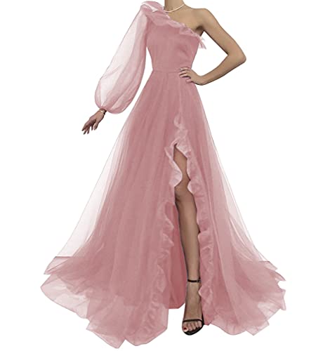 Puffy Sleeve Prom Dress Long Tulle Ball Gown for Women Formal One Shoulder Formal Gown Dusty Pink Size 10