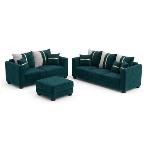 Image of Vero Plush Comfort Sofa Set | 3 Seater + 2 Seater with Ottoman | Luxury Velvet Suede Fabric | Modern Living Room Sofa | Green Teal