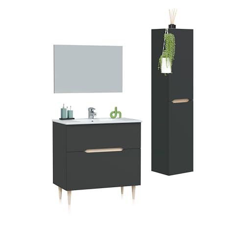 duehome | Pack de Baño Completo, Módulo con Almacenaje + Espejo + Lavamanos y Columna Suspendida, Modelo Opera, Acabado en Antracita y Roble