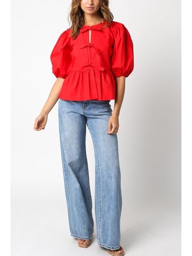 Womens Puff Sleeve Tie Front Blouse Tie Front Half Sleeve Top4