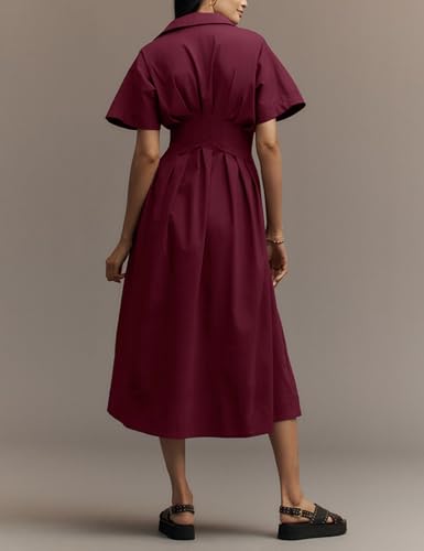 Image of Yeokou Shirt Dress for Women Summer Casual Short Sleeve Button Down Loose Pleated Maxi Sundress with Pockets