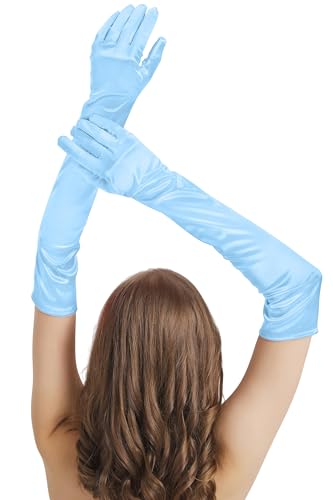 sodknow Long Light Blue Gloves Costume Women Long Light Blue Satin Gloves 21 Elbow Length Fancy for Opera Princess 1920s Party Roaring 20 s Accessories Dance Dress Halloween Cosplay Great Gatsby