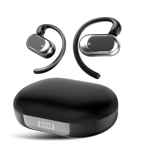 STECEi Auriculares Oreja Abierta Bluetooth 5.4, 2025 Auriculares Inalámbricos Deportivos con Gancho, 38H Estéreo Inalambricos Bluetooth con Pantalla LED, Control Táctil, IP7 Impermeable, Negro