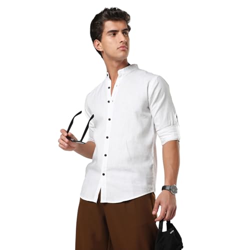Image of Urbano Fashion Men's Linen Blend Full Sleeve Relaxed Fit Mandarin Collar Casual Solid Shirt