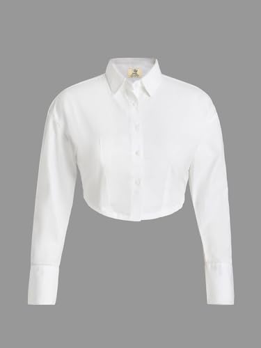 Image of The Souled Store Cropped Shirt: Ivory Women and Girls Long Sleeves Collared Neck Button Front Solid White Cotton Oversized Fit Lightweight Cropped Tops