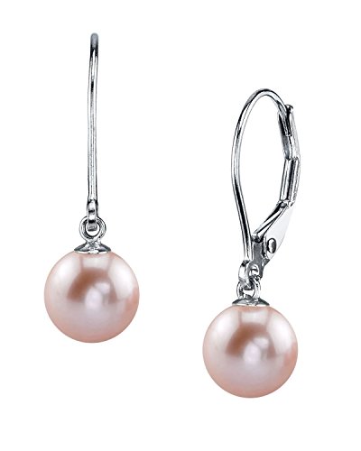 THE PEARL SOURCE 14K Gold 8-9mm AAAA Quality Round Pink Freshwater Cultured Pearl Leverback Earrings for Women