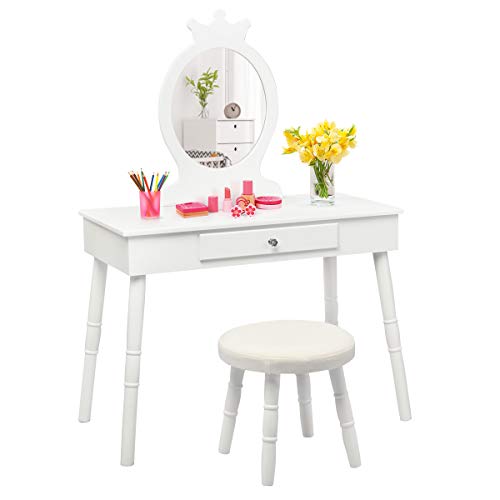 Costzon Kids Vanity Set, Wooden Princess Makeup Table with Cushioned Stool, Large Drawer