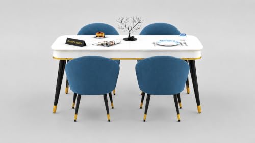 Image of WOODEN SPACE Majestic 4 Seater Wooden Dining Table Set | Urban Marble Top Dining Table with Chairs for Dining Room & Kitchen (Modern Classic Blue) (54 x 36 x 30 inch)