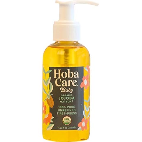 HobaCare 100% Pure Organic Jojoba Baby Oil - Unrefined and Cold Pressed Jojoba Oil - Body & Scalp Massaging Oil for Skin, Hair, and Nails - Helps to Fight Cradle Cap and Dry Skin (4.22 fl oz) Cover