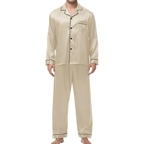 Mens Pajamas Set Silk Long Sleeve Comfy Button Up Notched Collar Pajama Pants 2 Piece Fall Casual Chest Pocket Sleepwear