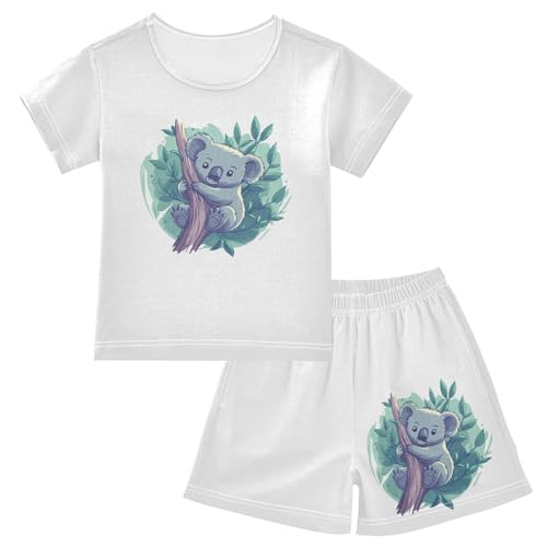 Koala Branch Leaves Teal Pajama Set Short Sleeve Summer Pajamas Sleepwear Nightwear Set Cotton 5Y