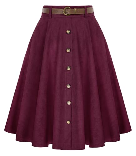 Belle Poque Damen Cord Röcke Hohe Taille A-Linie Swing Rock mit Gürtel&Taschen Weinrot S