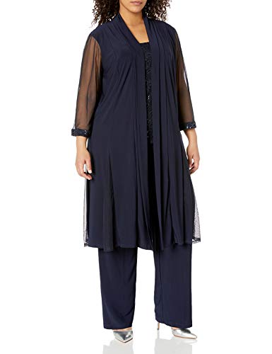 R&M Richards Women's Plus Size Missy 3 PCE Godet Duster Pant Set,  Navy,  14W