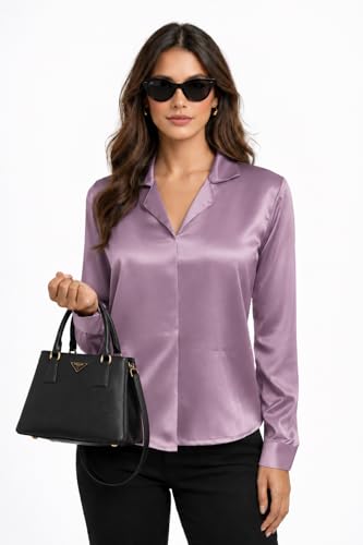 Image of Cuban Collar Cuffed Sleeves Formal Satin Shirt Style Top