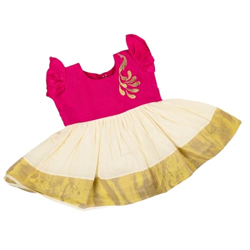Image of Picksparrow Baby Girl Kerala Kasavu Cotton Dress (Peacock)