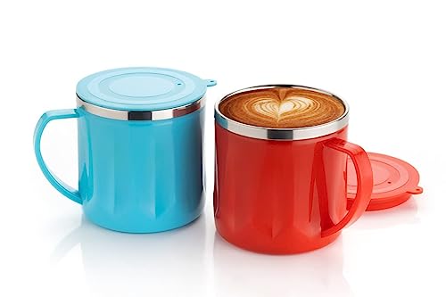 Image of Traveling Mug Coffee Mug - Stainless Steel Double Walled Insulated Coffee Mug with Lid, Plastic Covered Tea Mug to Carry Hot & Cold Beverages for Kids, Girls, Boys, Students, Travel
