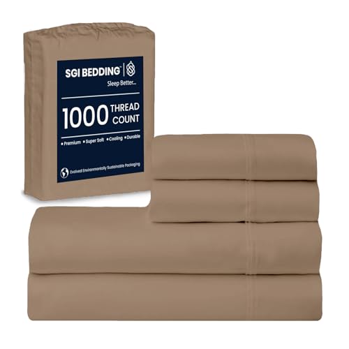 SGI 1000 Thread Count Egyptian Cotton King Sheet Set – Ultra Soft, Deep Pocket 15” Fitted, Breathable & Hotel-Quality,Luxury 4-Piece Premium Bedding Set for Crisp, Durable Comfort – Taupe