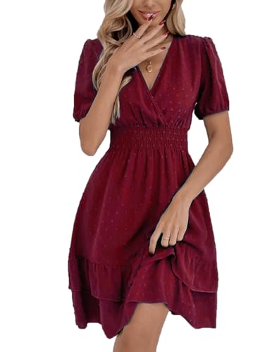 MAFA Vestido a Lunares Manga Larga para Mujer Vestido Corto Casual con Cuello en V Floral Vestidos Playa con Dobladillo con Volantes Y Cintura Elástica A-Borgoña XXL