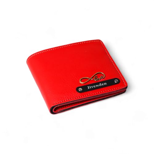 Image of Men's Personalized Wallet I Customized Slim Stylish Leather Purse With Name & Charm I Unique Birthday Anniversary Gift For Men Boy Love Husband Employees Clients (Red)
