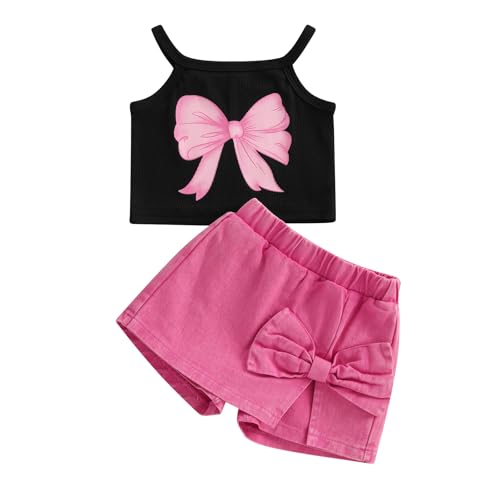 Emmababy Toddler Girls Denim Shorts Set Ribbed Crop Tank Top Sleeveless Bow Jean Shorts Skirt Western Baby Summer Clothes