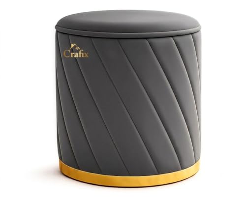 Image of Luxury Velvet Ottoman Stool for Living Room & Bedroom | Premium Round Pouffe with Gold Metal Base | Modern Footrest, Extra Seating & Home Decor (Grey)