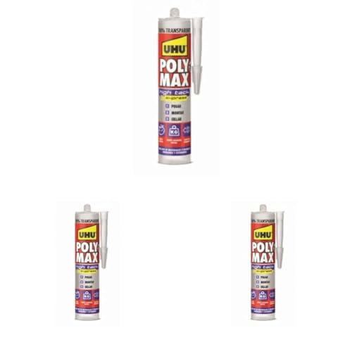 UHU Poly Max High Tack Express, Sellador y Adhesivo de Montaje Extrafuerte, Cristal,Transparente-300g (Paquete de 3)