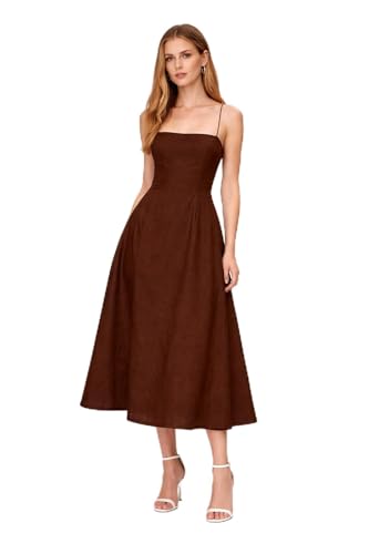 Image of Women's Spaghetti Strap Midi Dress, Fit and Flare A-Line Silhouette, Square Neck Summer Sundress