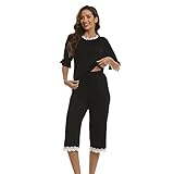 damen shirts sale  Jecarden Pyjama-Set für Damen, Capri, Spitze, kurzärmlig, Sleepwear, Pjsets, Modal, Baumwolle, Pajamas-Set, Schwarz , 38