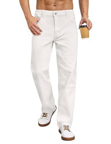 Ushdele Mens Regular Fit Stretch Jeans Straight Leg 5-Pocket Classic Comfort Flex Denim Pants White 36W30L