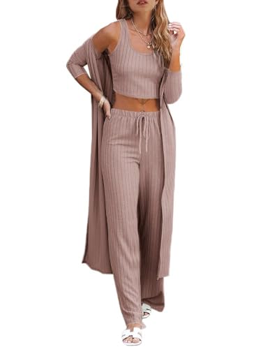 Fessceruna Womens 3 Piece Lounge Sets Pajamas Knit Long Sleeve Cardigan Crop Top Wide Leg Pants Loungewear Set
