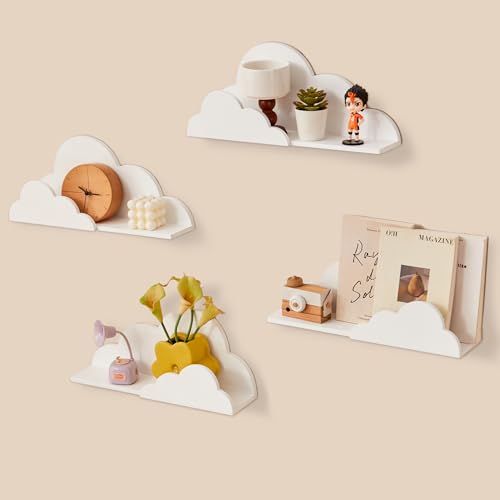 Image of Kraftical Cloud Floating Book Shelves, 4-Pack Wood Nursery Book Shelves for Wall, Modern Decor Wall Shelves, Kids Bookshelf for Toys, Plants & Storage, Toddler Room, Nursery Decor Storage(White)