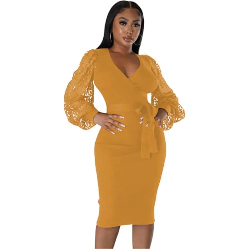 Image of BOGURST Semi Formal Church Dresses for Women Bishop Sleeve Sexy V Neck Bodycon Midi Dresses