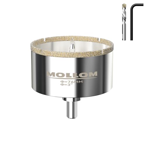 Image of MOLLOM 3 inch (76mm) Diamond Hole Saw with 2 Pilot Drill Bit | Tile Hole Saw Smooth Cutting Porcelain Tiles,Ceramic,Marble,Granite