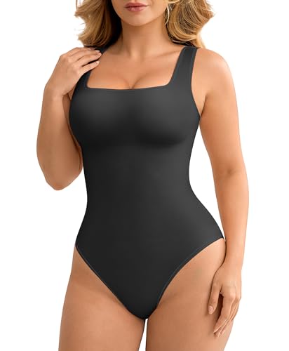 Image of FeelinGirl Bodysuits for Women Seamless Square Neck Tummy Control Compression Thong Shapewear Bodysuit Tank Tops Bodysuit