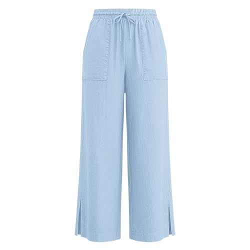 Image of Girls Linen Pants Wide Leg School Uniform Pants Cozy Elastic Waist Summer Casual Beach Lounge Trousers with Pockets