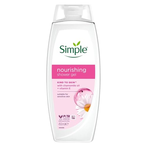 Simple Kind to Skin Nourishing Shower Gel with Vitamins E and Chamomile Oil for Sensitive Skin Care, 450 ml