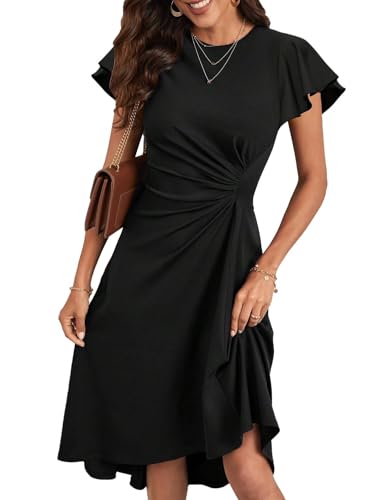 KUNJLELP Vestido Elegante Mujer Vestidos de Manga Corta Cuello Redondo Casual Vestido A Line de Cóctel Fiesta,Negro,L